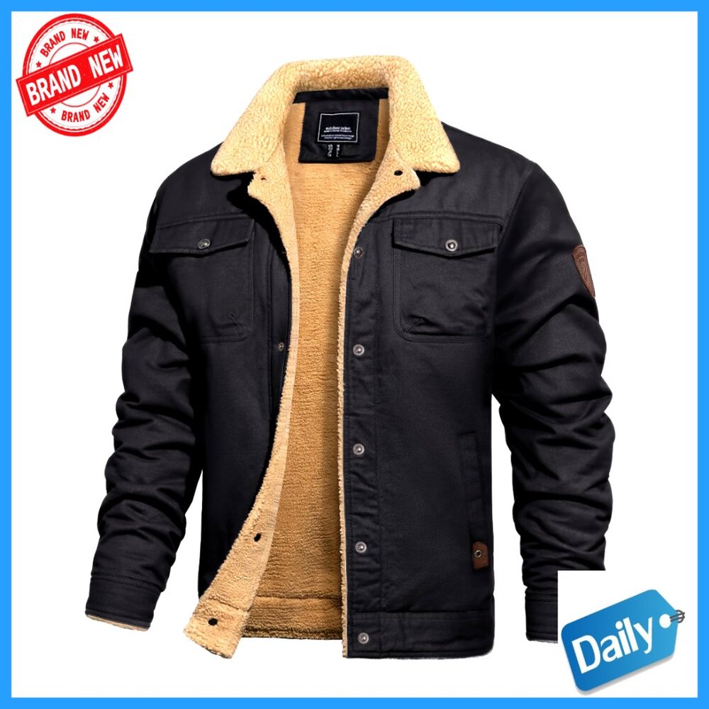 Sherpa Fleece Lined Trucker Jacket Warm Thick Cargo Coat Multi Pocket Mens